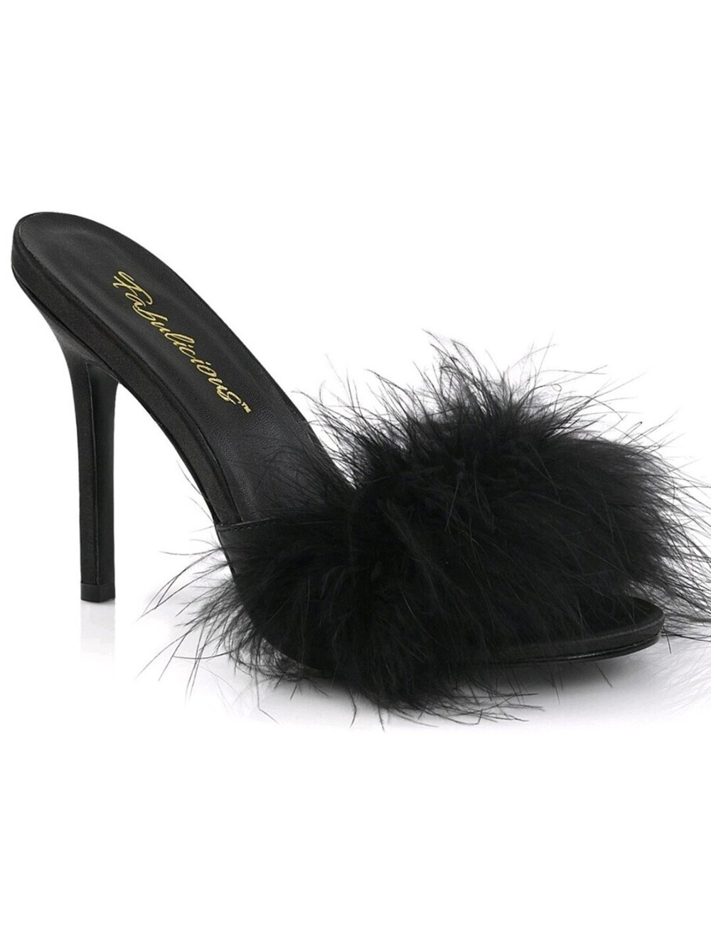 Fabulicious Classique Fluffy Marabou Trim High 4" Heel Mule Slippers Black Sz.11